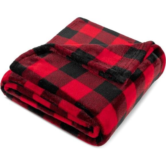PAVILIA Black and Red Buffalo Plaid Fleece Throw Blanket for Couch, Soft - Picture 2 of 7